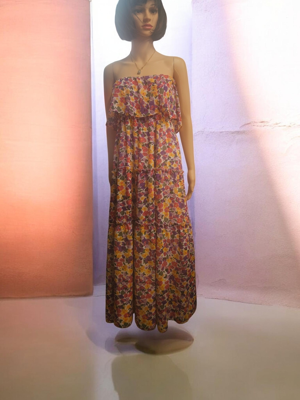 Floral Strapless Maxi Dress in Yellow & Pink